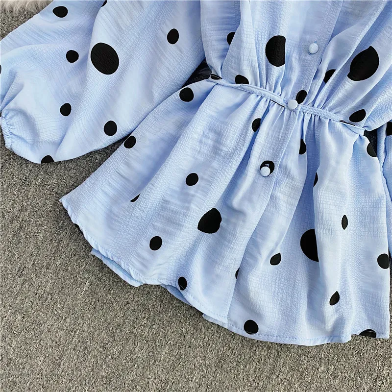 

Polka Dot Vintage Style Chiffon Shirt Women Girls V-neck Slim Waist With Sashes Long Puff Sleeve Tops Spring Autumn T16306A
