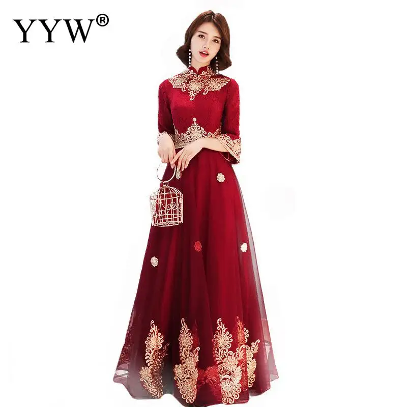 Женское винтажное вечернее платье элегантное длинное винного цвета с рукавом до