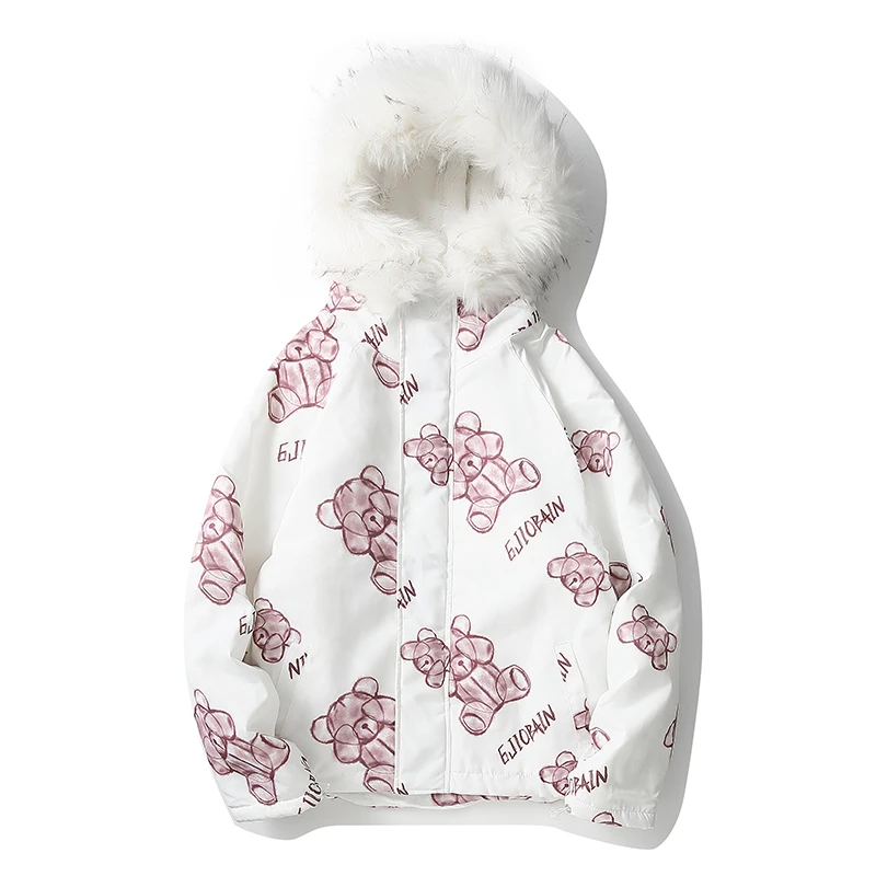 

Unua amo Plush Women's Parka Warm Fur Collar Hooded Flecce Jacket 2021 Fashion Sketch Print Couple Wear Winter Coat Female