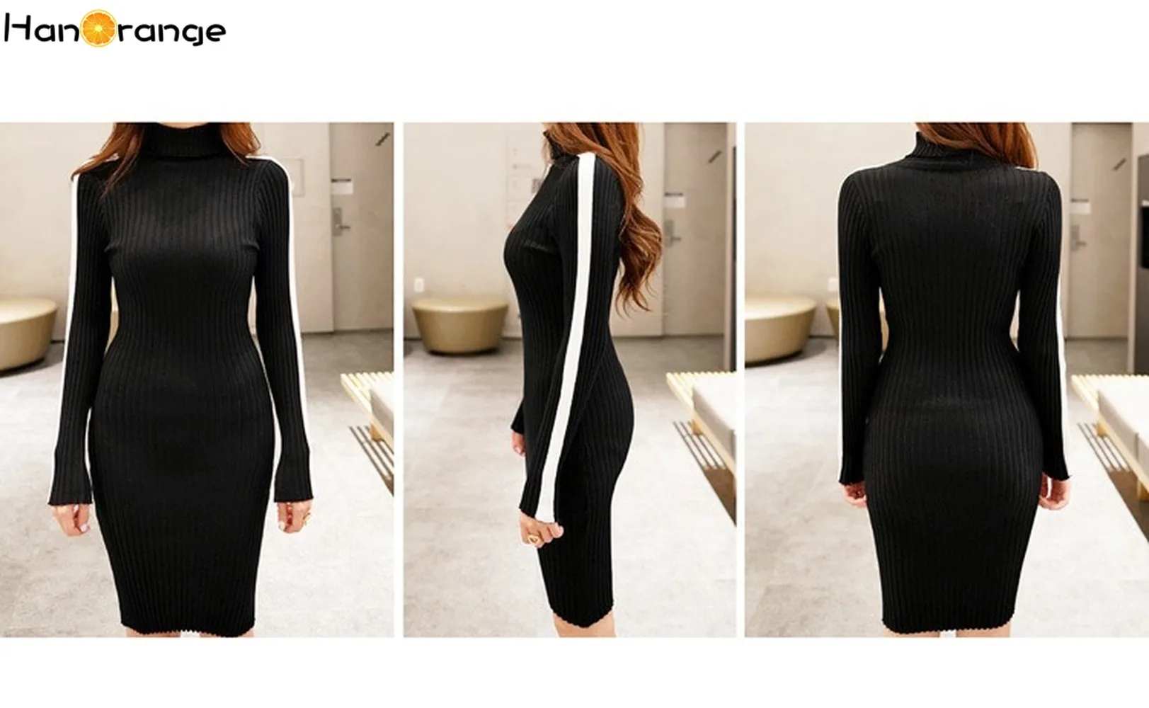 Водолазка трикотажное платье лоскутное белое Полосатое с длинным рукавом 2020