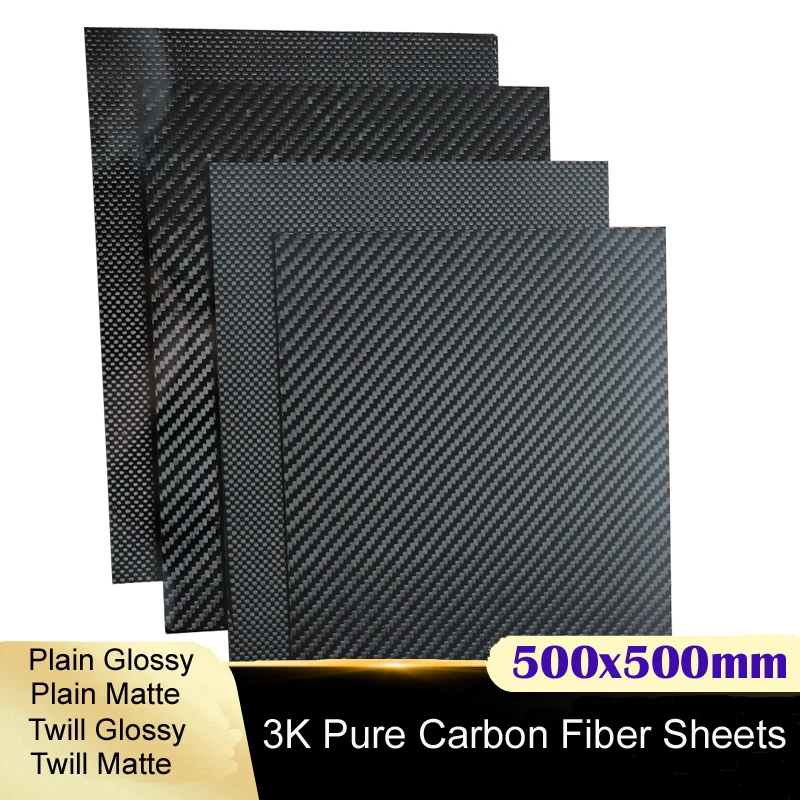 Hoja de fibra de carbono 3K de 500x500mm, placa de panel de carbono de alta resistencia, espesor de 1mm, 1,5mm, 2mm, 2,5mm, 3mm, 4mm, 5mm, 6 mm