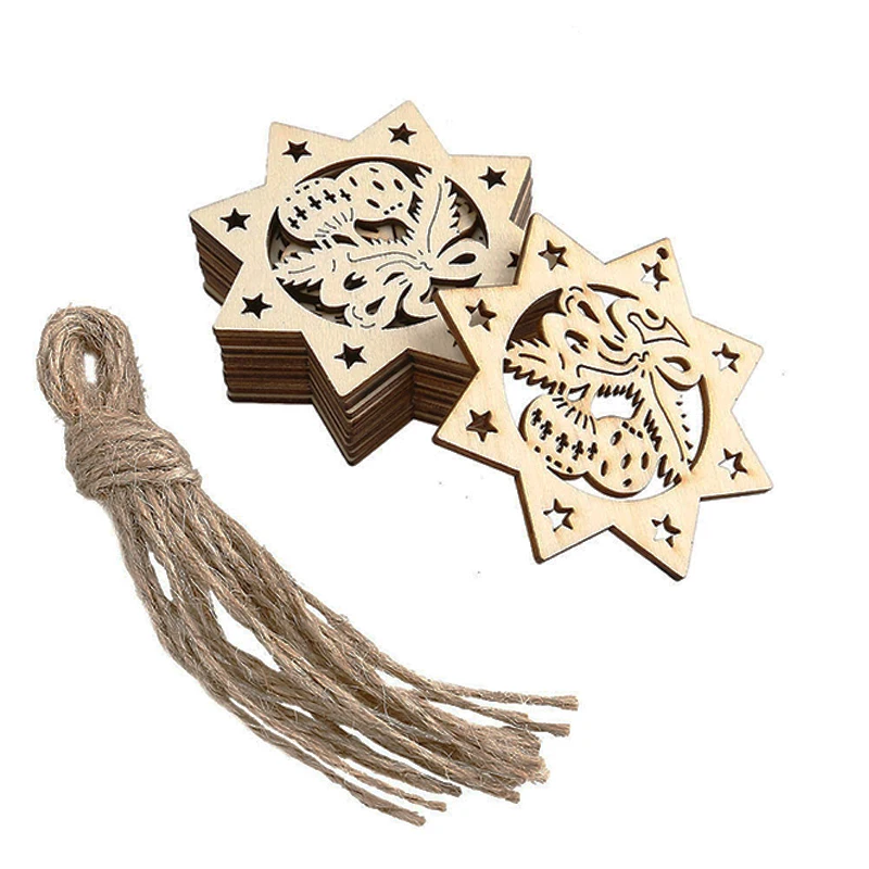 

10pcs Wooden Embellishments With String Christmas Decoration Octagon Bells