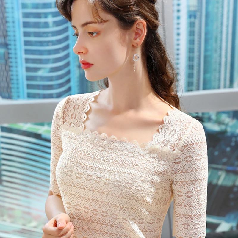 

T Shirt Blouse Tops Sexy Black Lace Mesh Women White Hollow Transparent Fashion Short Sleeve Office Lady Summer Square Collar