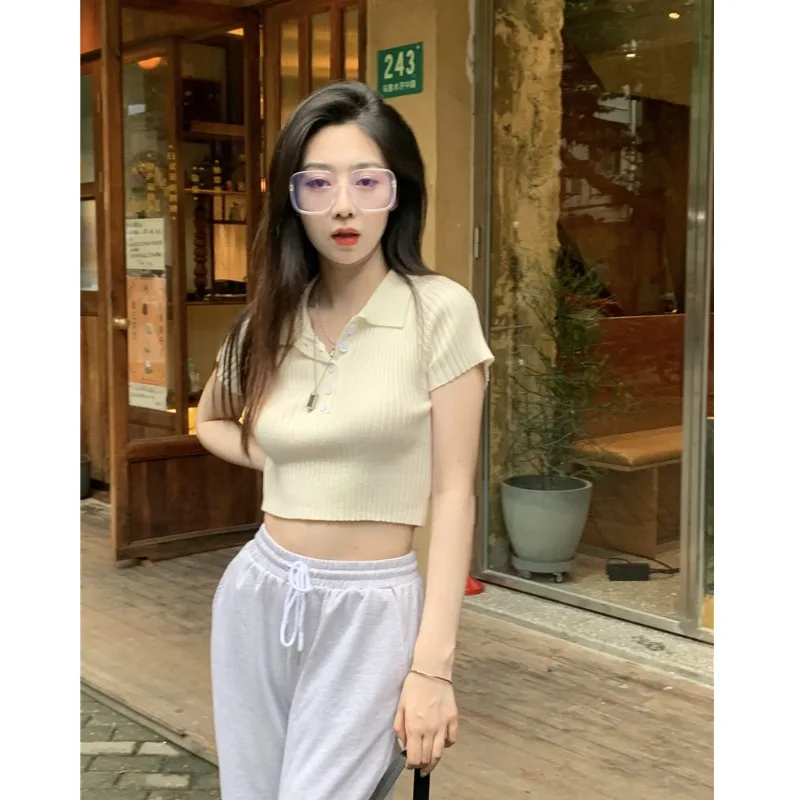 Свитер с коротким рукавом и воротником-поло Женский на весну/лето в западном