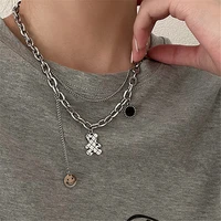 hip hop double layer smiley little bear women necklace punk stainless steel chain choker necklace trend jewelry neck accessories
