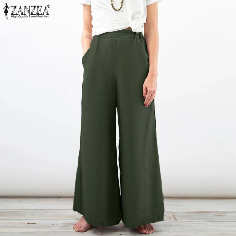 

Fashion Elastic Waist Solid Long Trousers ZANZEA Summer Women Wide Leg Pants Casual Loose Pantalon Cotton Palazzo Streetwear