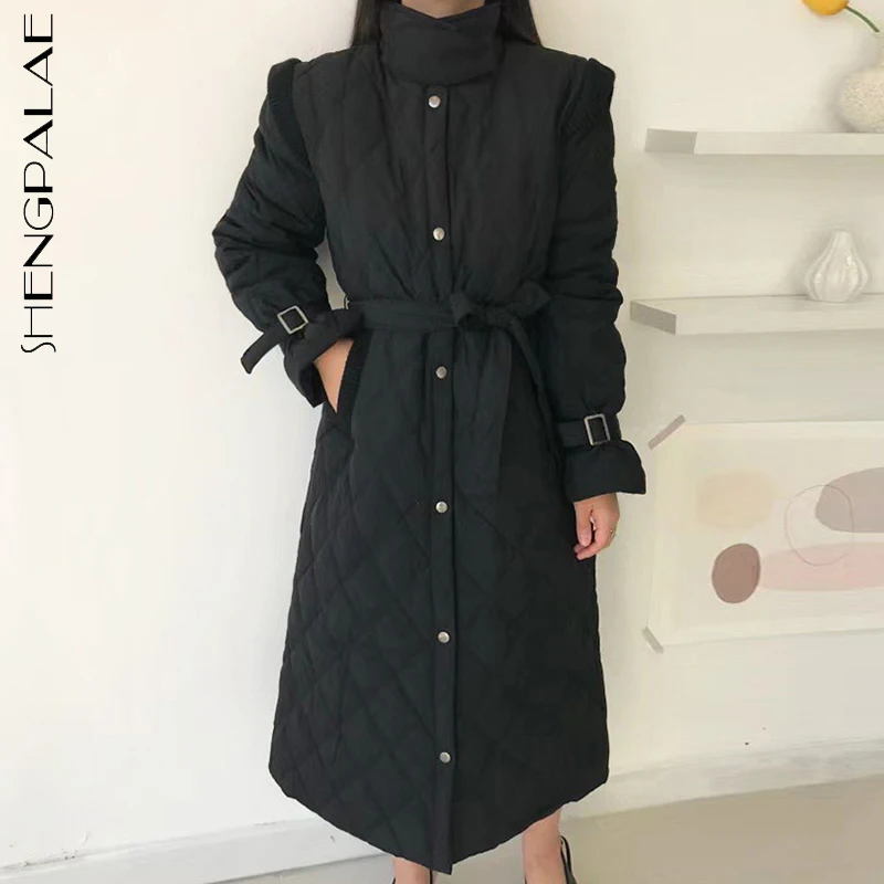 

SHENGPALAE, модная однотонная куртка из хлопка с рисунком Аргайл, женская зимняя куртка, новинка 2021, свободное однобортное пальто с длинным рукав...