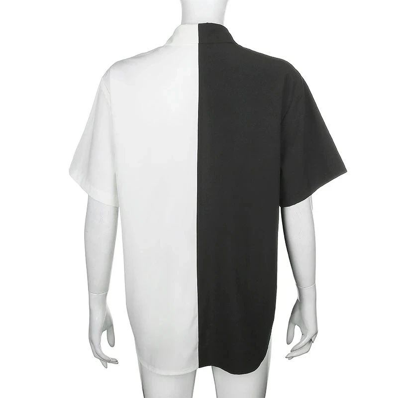 

Streetwear Black White Long Blouse Shirt Patchwork Contrast Color 2021 Fashion Women Blouses Tops Loose Cardigan Sale
