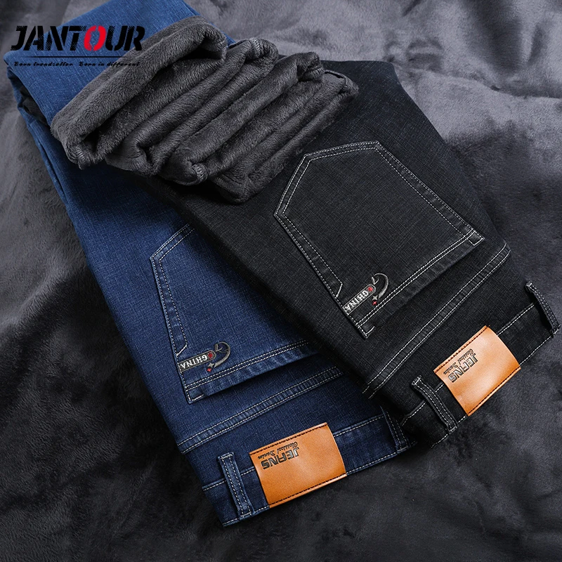Зимние джинсы мужские теплые флисовые вельветовые классические синие Черные