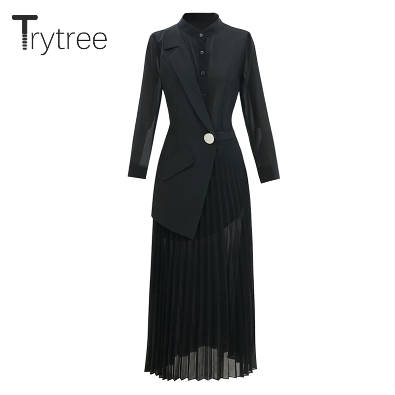 Trytree 2020 весеннее женское платье повседневное лоскутное с воротником-стойкой и