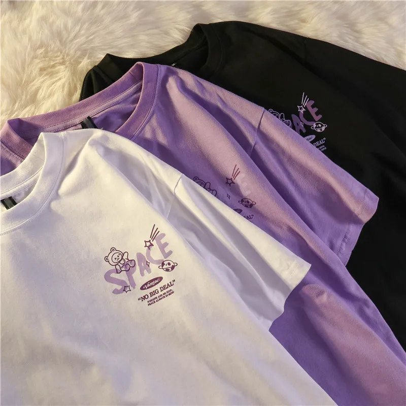 Cotton Bear Graffiti Short Sleeve Space Print T-shirt Loose 2021new Summer Trend Half Sleeved Retro Tshirt Oversize Streetwear