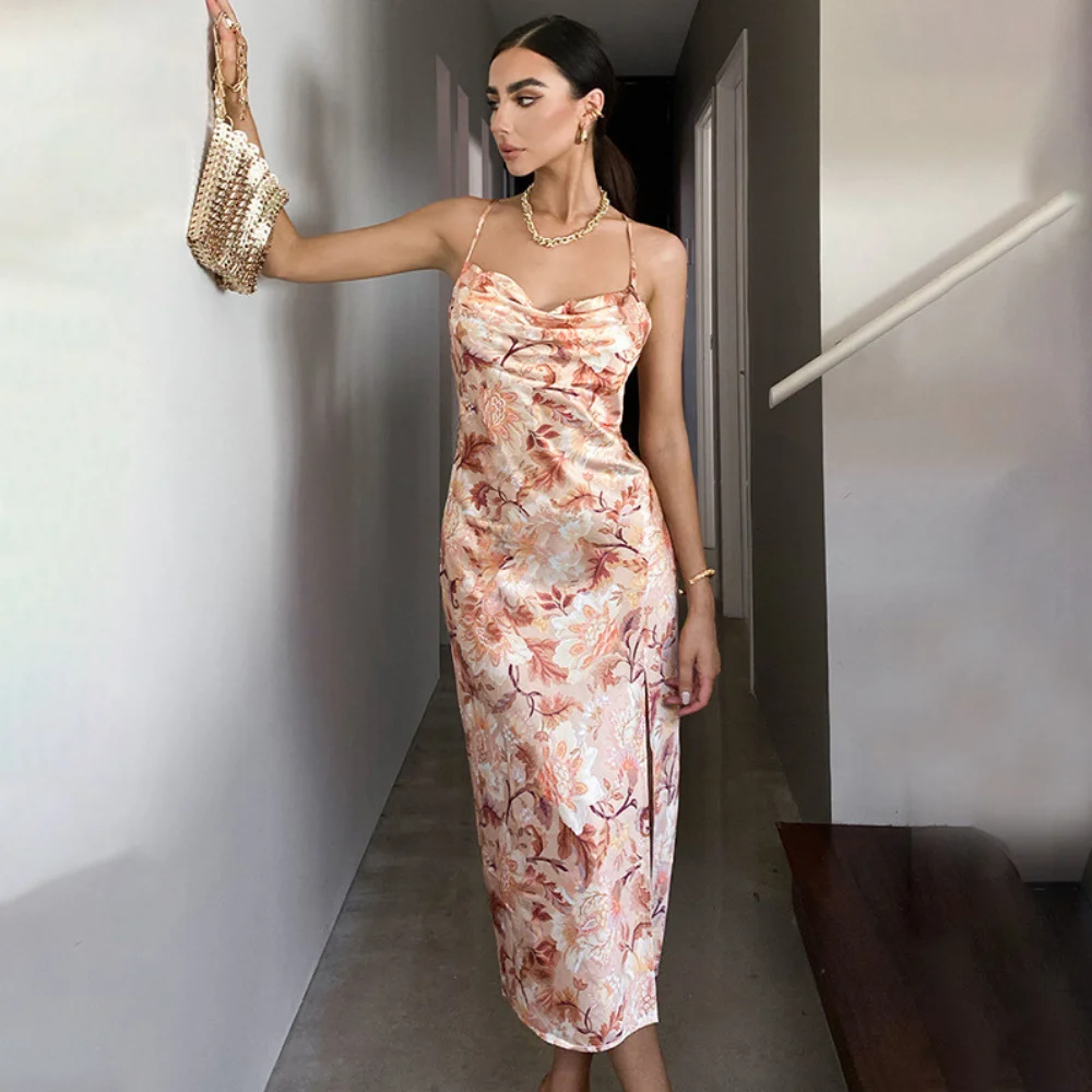 

Шикарное атласное длинное платье миди с высоким разрезом без спинки, сексуальное платье на бретельках, женское платье с перекрестной спинк...