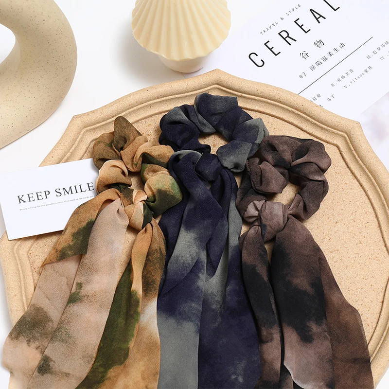 

New Women Ink Smudge Gradient Tie-dye Chiffon Scrunchie Girl Satin Elastic Hair Bands Ponytail Headband Fashion Hair Accessories