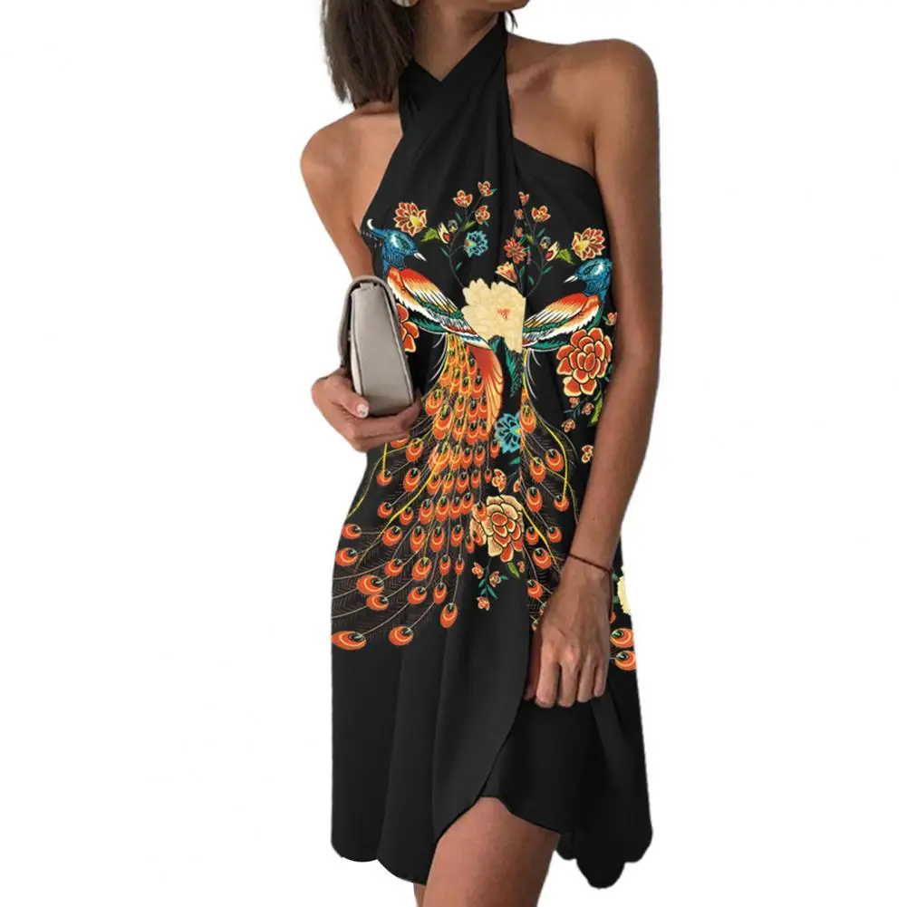 

80% New Women Cross-collar Halter Dress Irregular Hem Peacock Printing Cool Ladies Off Shoulder Dress for Banquet