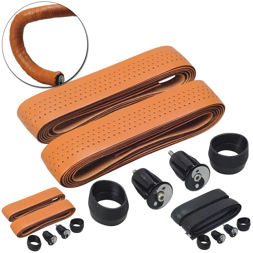

1 Pair Bicycle Handlebar Tapes Grip Bar Plugs with Rings Khaki Leather non-slip soft MTB Road Bike Vintage Racket Belt Accessory