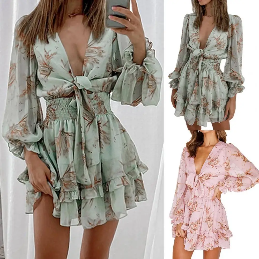 

Lace-up Dress Floral Print Ruffles Dress for School Mini Dress Lace-up Dress Floral Print Ruffles Dress for School