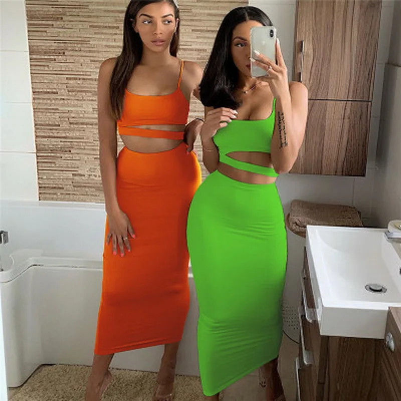

Summer womens clothes fashion two piece outfits sets sleeveless hollow out vest crop top bodycon high waist skirt suit plus size