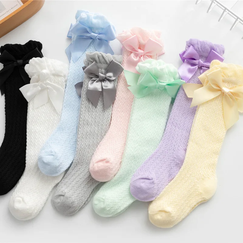 

Baby Girls Mesh Socks Summer Babies Knee High Socks Princess Bow Dess Sock Vertical Stripe Anti-Mosquito Long Sock