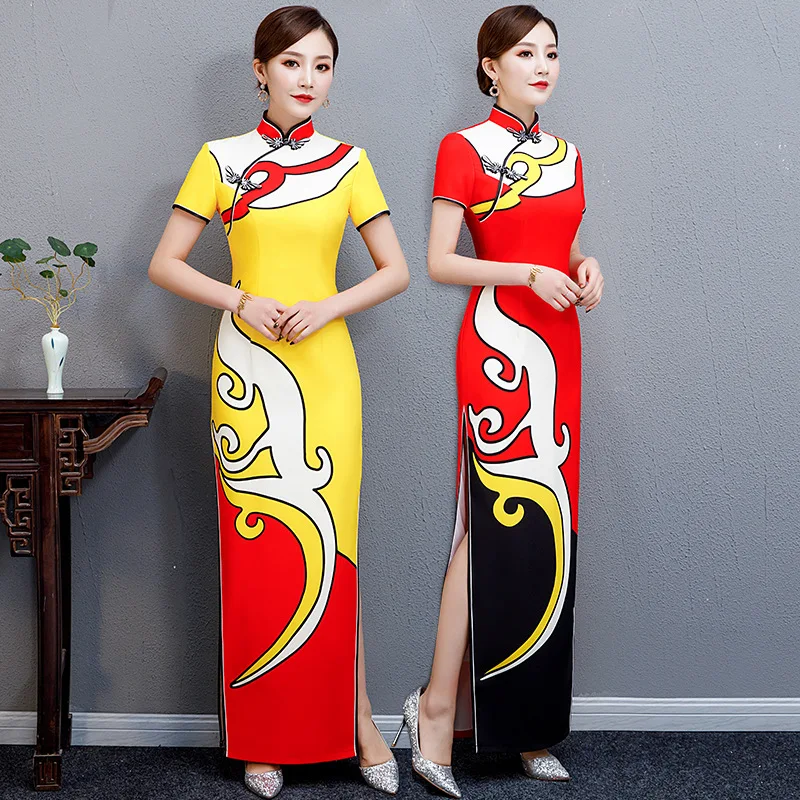 

Платье-Ципао женское атласное с винтажным принтом, элегантный традиционный вечерний наряд в китайском стиле, с воротником-стойкой, большие ...