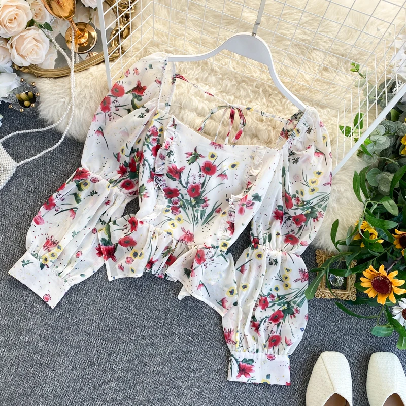 

Spring Autumn Women's Blouse French Retro Floral Irregular Lotus Leaf Top New Stretch Slimming Thin Chiffon Female Tops GX139