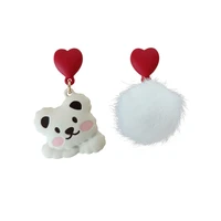 self designed japanese and korean love panda hair ball earrings sweet and cute asymmetrical earrings dangle earrings