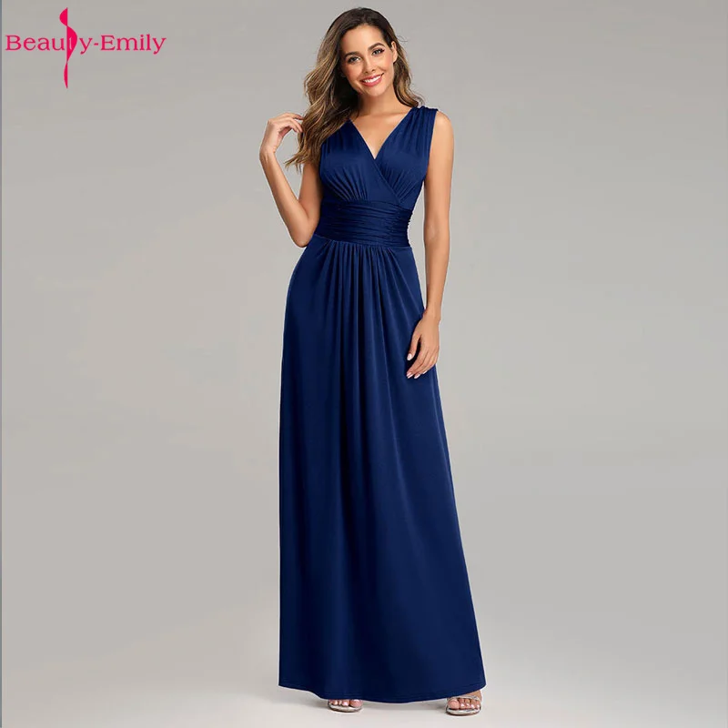 Beauty Emily Flexible V Neck Chiffon Evening Dresses Long Sleeveless Plus Size Open Back Pleated Formal Prom Gowns for Party