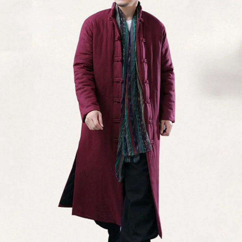 

Длинная зимняя удлиненная одежда из хлопка в китайском ретро-стиле, мужской однотонный халат с хлопковой подкладкой и воротником-стойкой д...