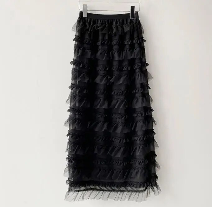 

2021summer vintage mesh stitching black long skirt women high wasit tassel cake skirt