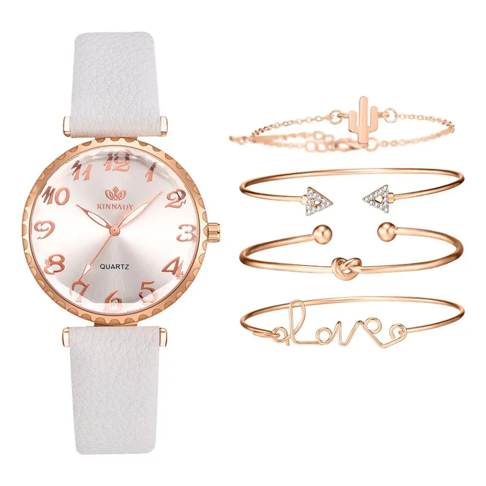 

5pcs Set Luxury Women Watch Bracelet Fashion Ladies Bracelet Watch Casual Leather Quartz Wristwatch Clock Gift Relogio Feminino