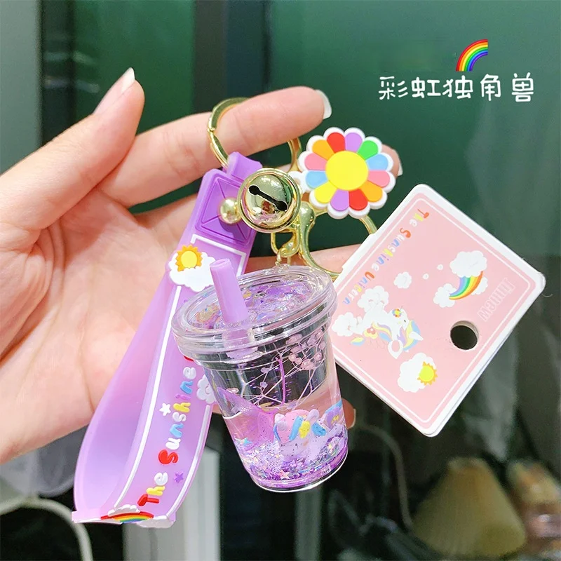 Creative Cartoon Rainbow Unicorn Charm Keychain   Cute Slick Quicksand Keychain    Ladies Fashion Backpack Mobile Phone Keychain