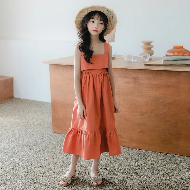 

Korean Girls Sundress 8 10 12 year Cute Bow Princess Long Cotton Beach Dress