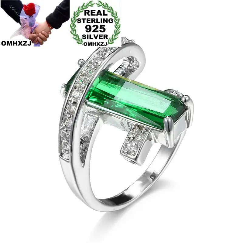 

OMHXZJ, оптовая продажа, европейский модный подарок для женщин и мужчин на свадьбу, серебряное кольцо с зеленым прямоугольным цирконием ААА из ...