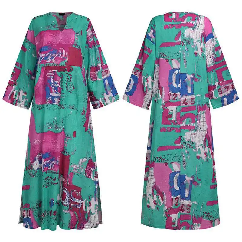 Женское длинное платье с принтом элегантное модное V-образным вырезом и длинными