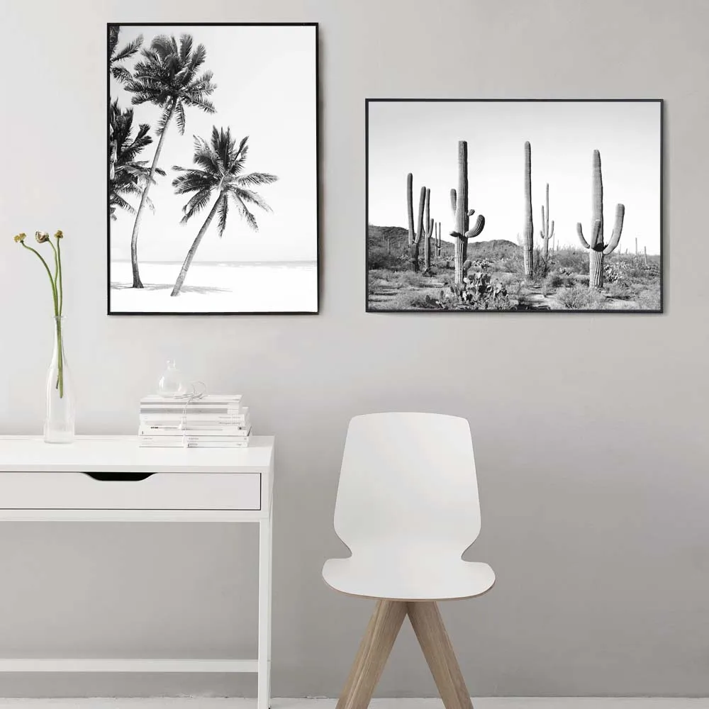 Постер с тропическим КАКТУСОМ и пальмой черно-белая Картина на холсте настенные