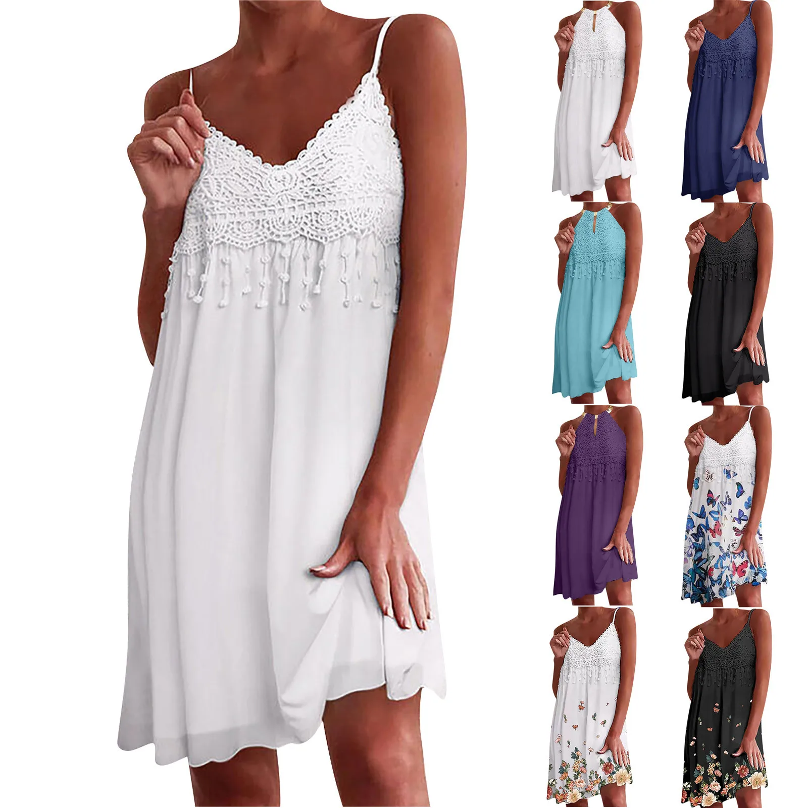 

Sexy Solid Dress Women V-neck Solid Appliques Spathetti Strap Sleeveless Sling Skirt Dress Vestidos Mujer Verano Robe Longue