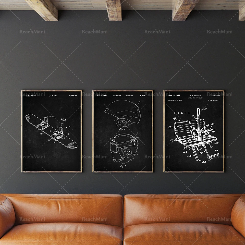 Patent Set Of 3, Snowboard Patent, Goggle Poster, Helmet Art, Lift Chair Patent, Winter Sports Decor