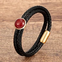 classic style multilayer leather women bracelet simple stainless steel clasp round stone bracelets for men hand woven jewelry