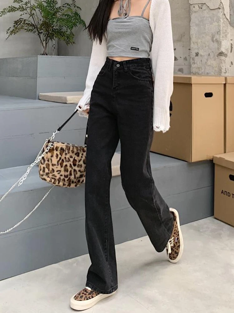 

Black Jeans Trousers Women Chic Streetwear High Wide Leg Casual Pants Slim Vintage Denim Women 2021 Spring Korean Jeans Female