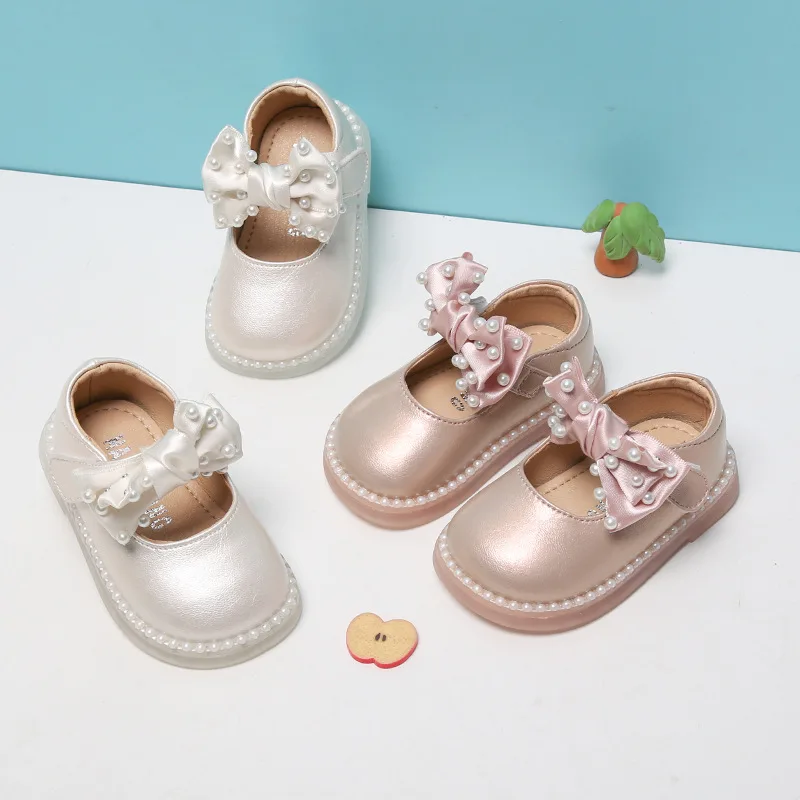 

Fashion Butterfly-knot Infant Toddler Girls School Shoes Solid Color Shallow Kids Flats Single Shoes Pink Beige Color
