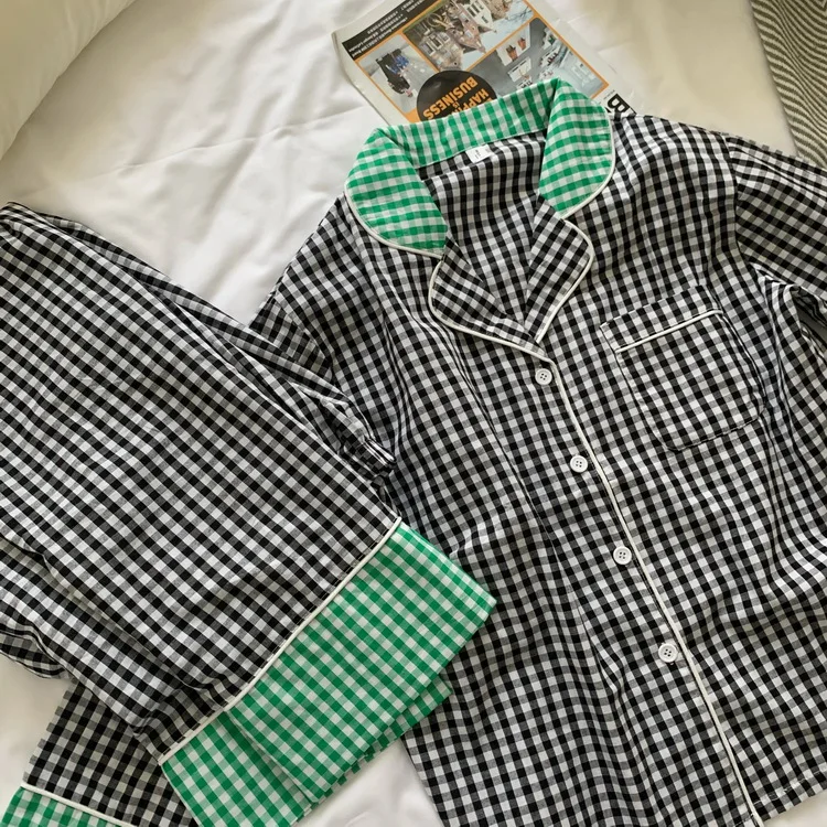 

spring autumn women homewear 2 piece set patchwork plaid long sleeve pajamas long sleeve blouse pants suit couple sleepwear Y967