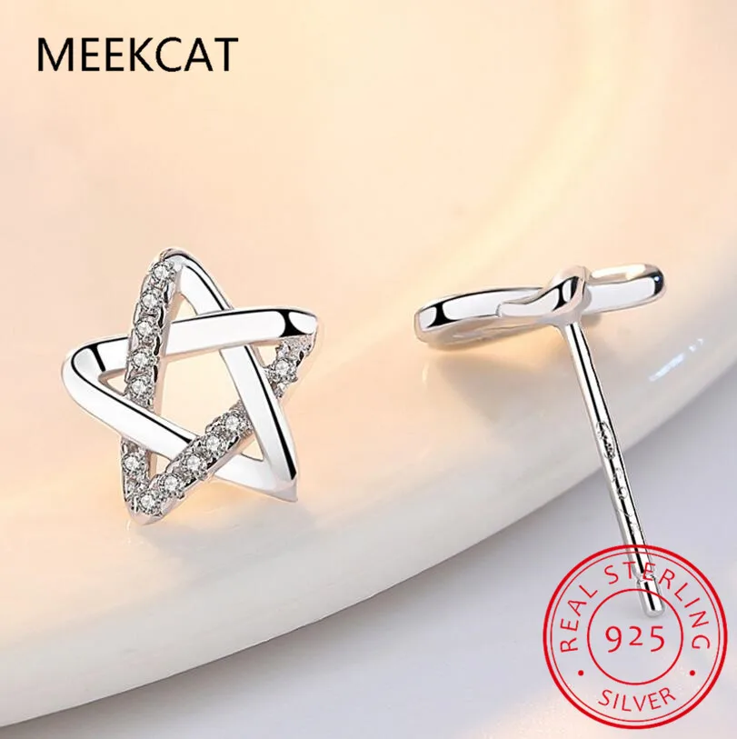 

MEEKCAT Brand Stud Earrings Luxury Zircon Hollow Five-Pointed Star Personality Temperament Ear Female Silver Earrings 10mm