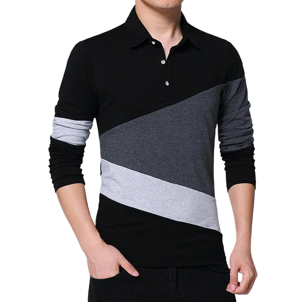 Брендовая мужская рубашка поло с длинным рукавом из кусков черная отворотом