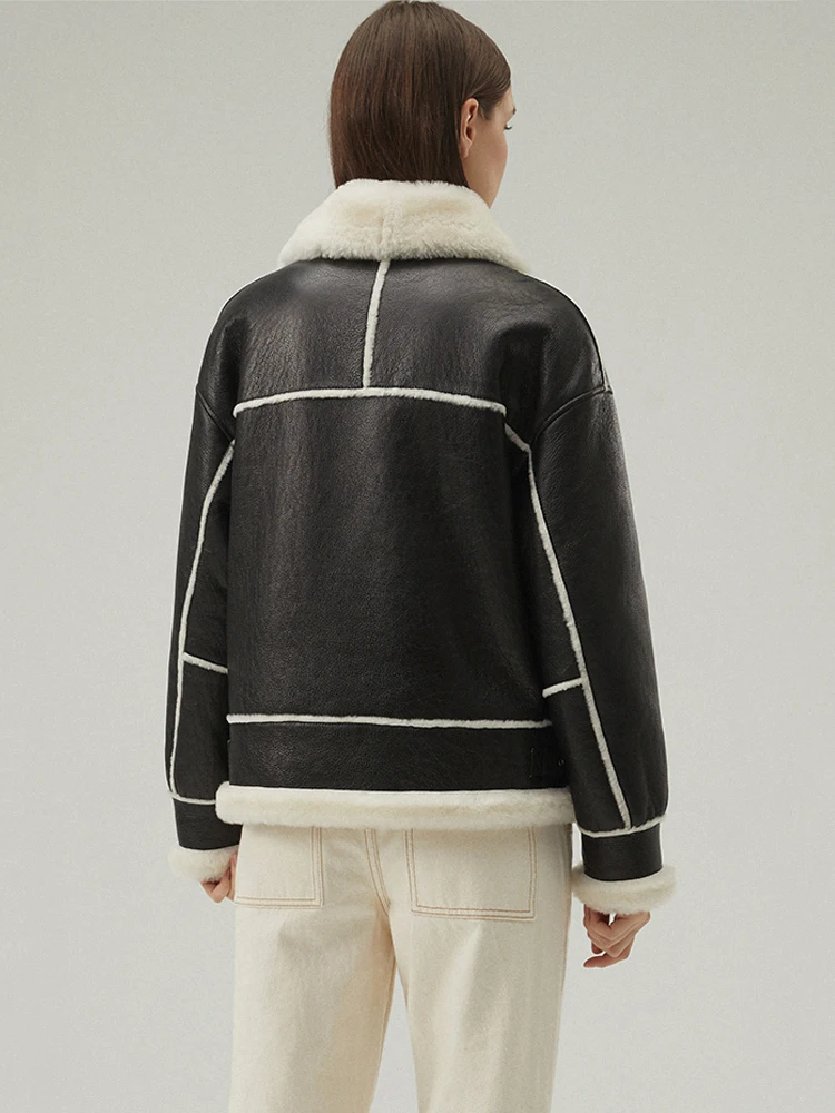 New Womens Shearling Jacket Black Leather Jacket Short Fur Coat Thicken Winter Jacket Wool Coat