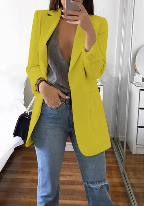 Yellow Модный осенний тренч для женщин, открытый шов, отложной воротник, смешанные пальто, чистый офис, элегантное пальто, кардиган, 5XL размера плюс GV085 - Цвет: Yellow