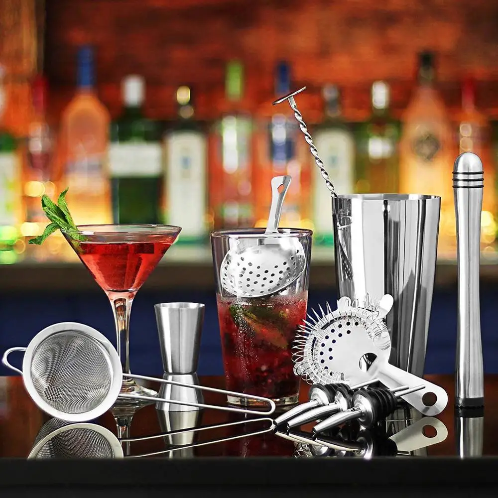 

23pcs Stainless Steel Cocktail Shaker Set Barware Kit with Square Wooden Rack for Bartender Drink Party Bar Tools