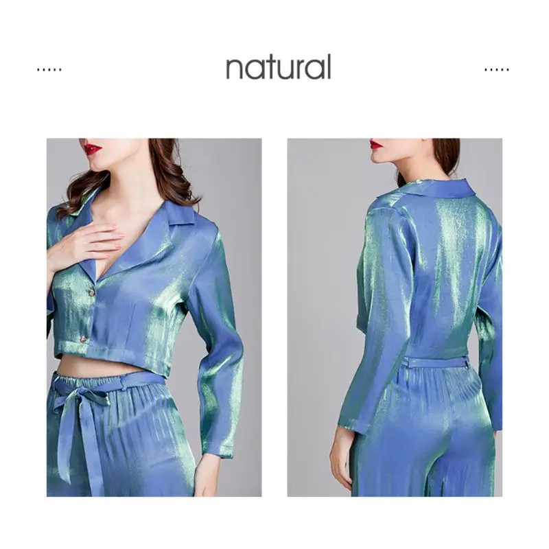 

Women Shiny Pajamas Set Long Sleeve Notched Lapel Tops + Wide Leg Pants Summer Thin Casual Nightgown