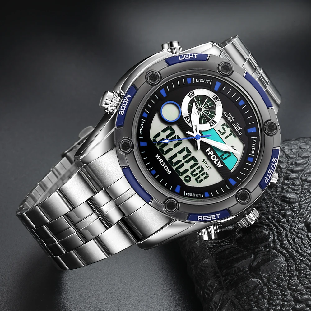 Роскошные светодиодный часы Для мужчин новый HPOLW спортивные s Полный Сталь
