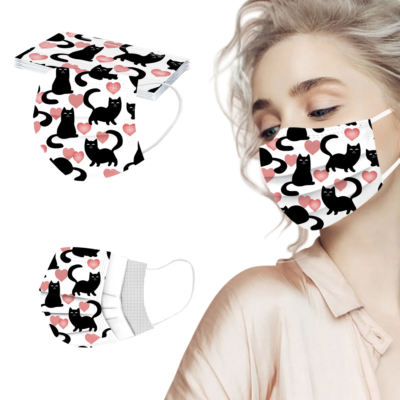 Маска Защитная унисекс с принтом черного кота 20 шт. 3-слойная одноразовая |