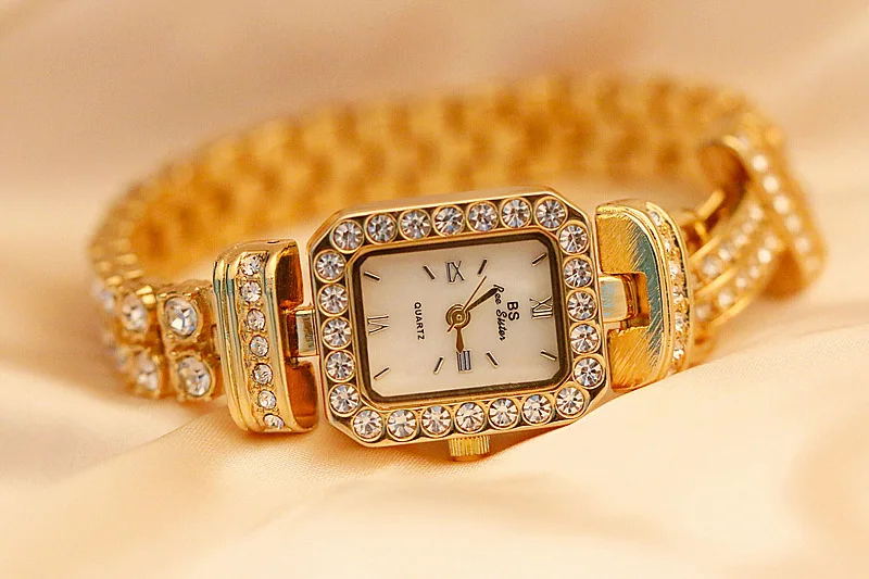 Женские наручные часы из нержавеющей стали золотые с кристаллами и бриллиантами