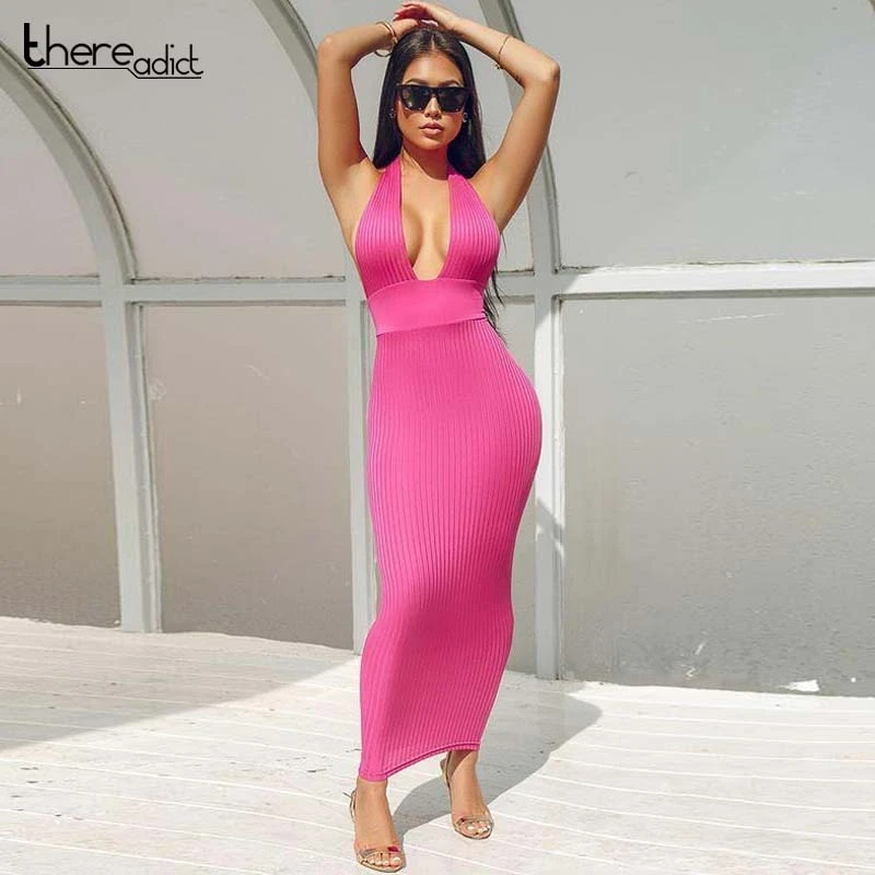 Женское облегающее платье с лямкой на шее вечерние платья в рубчик высокой